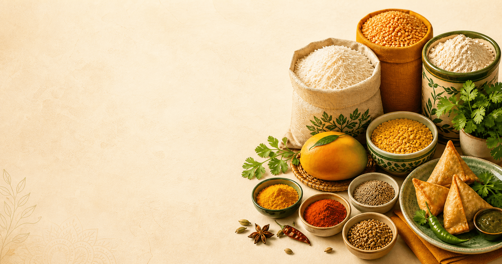 Indian grocery ingredients including rice, dal, spices and samosas